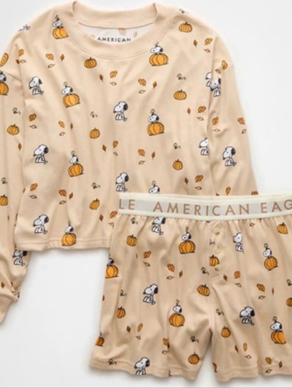🎃 NWT - American Eagle AE 2024 Snoopy Fall Pajama LS Top & Shorts Set - Sz L